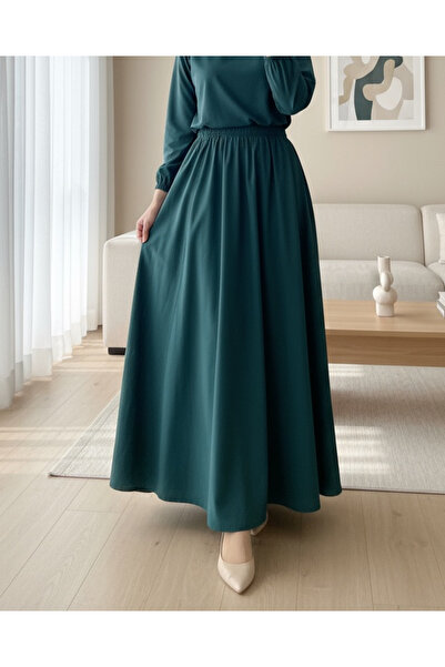 Modamorfo Ελαστική μέση διπλή τσέπη Poplin Flared φούστα – Emerald