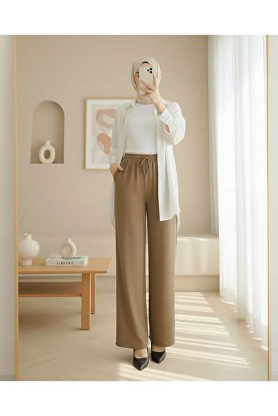 Modamorfo Wide Leg Sofia Linen Trousers with Elastic Waist and Lace Detail - Cinnamon