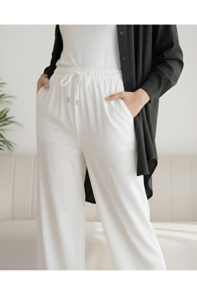 Modamorfo Elastic Waist Lace Detailed Wide Leg Sofia Linen Trousers - White