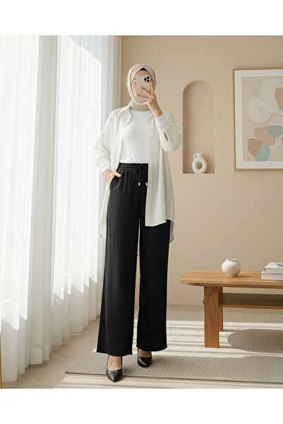 Modamorfo Wide Leg Sofia Linen Trousers with Elastic Waist and Lace Detail - Black