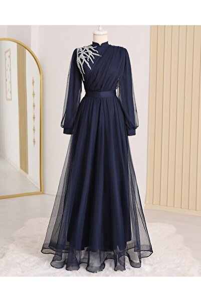 Modamorfo Βραδινό φόρεμα από τούλι με ντραπέ και πέτρινη λεπτομέρεια στο μπροστινό μέρος