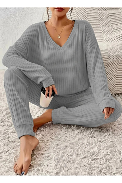 JARDİN ALLURE Women's Long Sleeve V-Neck Ribbed Knit Blouse and Pants Double Suit