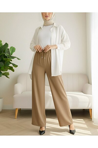 Modamorfo Wide Leg Sofia Linen Trousers with Elastic Waist and Lace Detail - Cinnamon