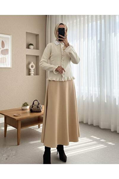 Modamorfo Düğmeli Önü Ve Eteği Fırfırlı Hırka -Taş