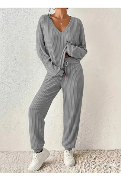 JARDİN ALLURE Women's Long Sleeve V-Neck Ribbed Knit Blouse and Pants Double Suit