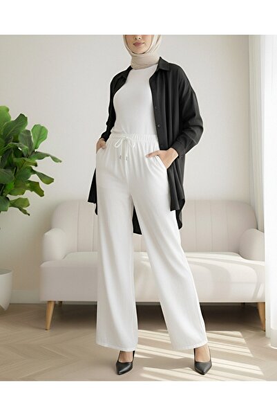 Modamorfo Elastic Waist Lace Detailed Wide Leg Sofia Linen Trousers - White