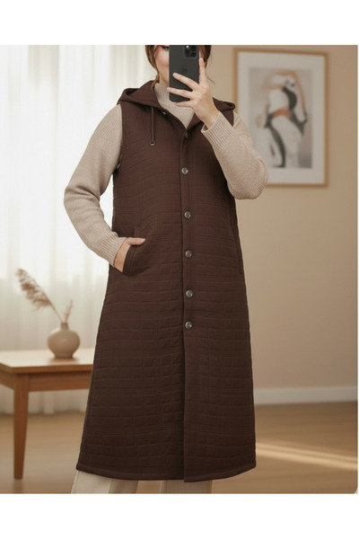 Modamorfo Buttoned Front Chain Detailed Hooded Quilted Vest - Brown