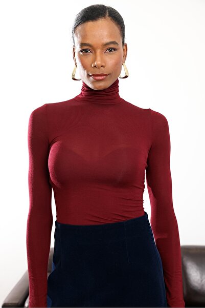 5in1Canpolat Μπλούζα με ψηλό λαιμό μπορντό διάφανη 25226