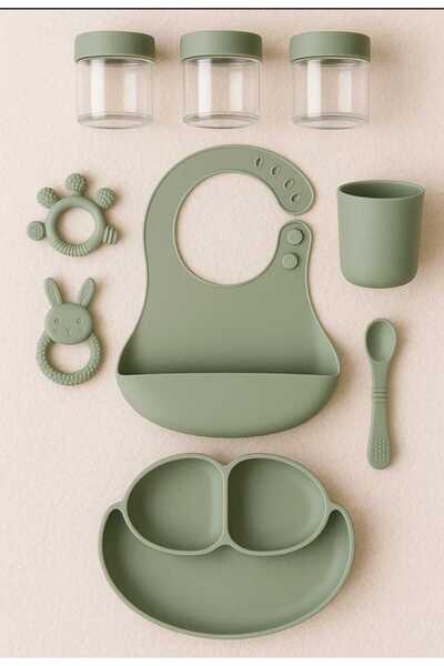 CKM silikon 9 Parça Silikon Mama Seti – BPA’sız – Bebek Beslenme Seti Mit Yeşili