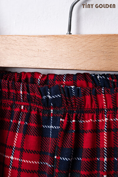 TİNY GOLDEN Unisex Children's Cotton Fabric Red Plaid Patterned Shirt Collar Buttoned Long Sleeve Pajama Set