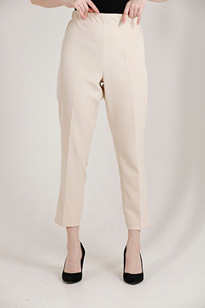 Balenbi High Waist Lycra Beige Women's Trousers - Oversize, Carrot Leg