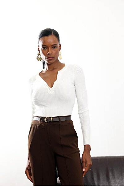 5in1Canpolat White Corded Soft Knitwear