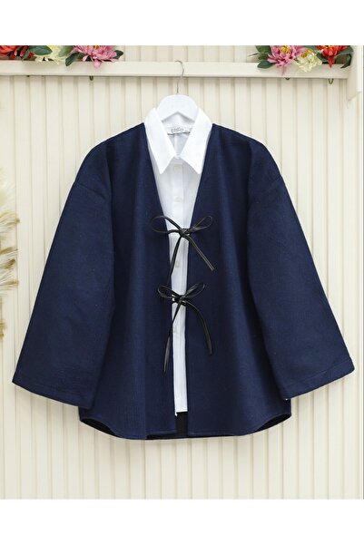 Generic Brand Kimono cu șireturi în față, croială ovală, cu nasturi - bleumarin