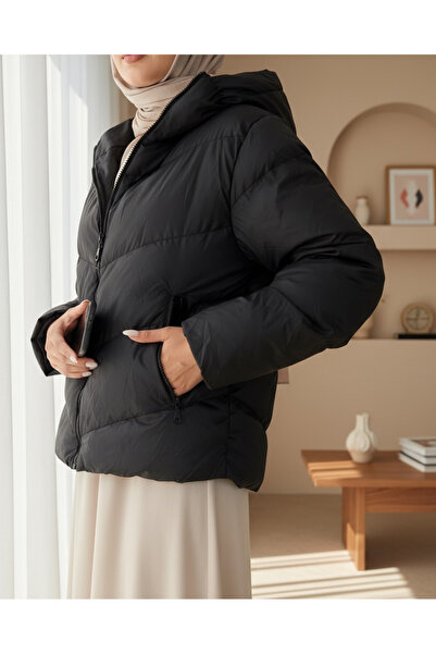 Modamorfo Fixed Hooded Zippered Winter Coat -Black