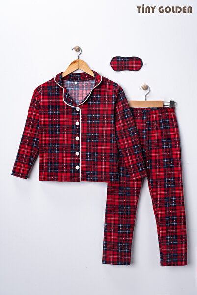 TİNY GOLDEN Unisex Children's Cotton Fabric Red Plaid Patterned Shirt Collar Buttoned Long Sleeve Pajama Set