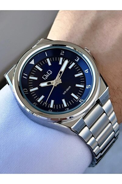 Q&Q Men's Silver Gray Classic Groom Metal Cord Phosphor Line Navy Blue Dial Analog Watch