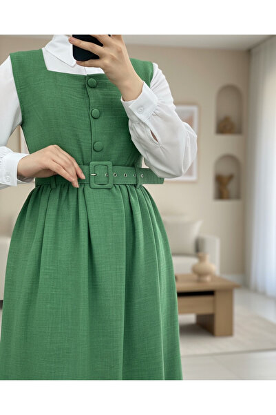 Modamorfo Φόρεμα Gilet με κουμπιά στο επάνω μέρος, βολάν στο κάτω μέρος και ζώνη στη μέση - Πράσινο