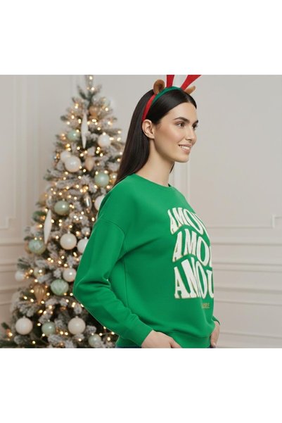 artywear سترة نسائية محبوكة باللون الأخضر والأبيض واللامع مطبوع بطابع رأس السنة الجديدة