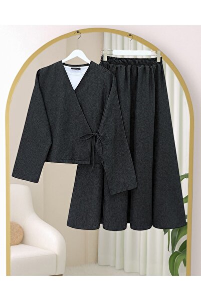 Modamorfo Linen Suit with Lace-Up Front Skirt - Anthracite
