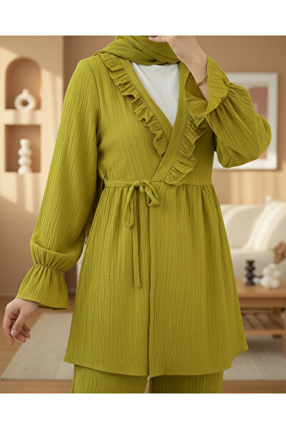 Modamorfo Elastic Sleeve, Ruffled Front, Lace-Up Crinkle Kimono Set - Fat Green