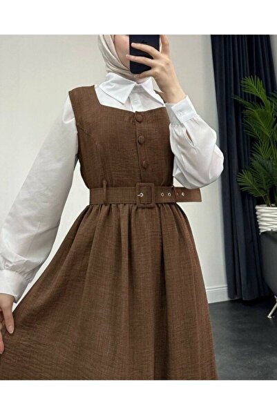 Modamorfo Φόρεμα Gilet με κουμπιά με βολάν κάτω από τη μέση με ζώνη-καφέ