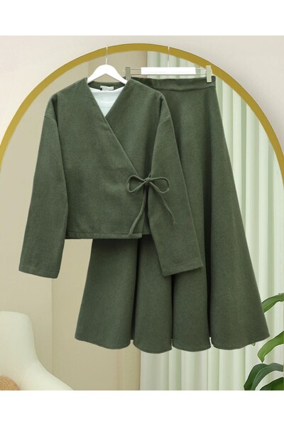 Modamorfo Front tie skirted stamp kimono set - khaki