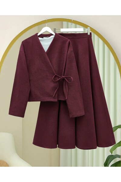 Modamorfo Cashmere Kimono Set with Tie-Front Skirt - Burgundy