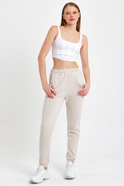 ESPİNA Women's Three Thread Knitted Sweatpants with Elastic Waist and Leg Legs Jogger Ecru