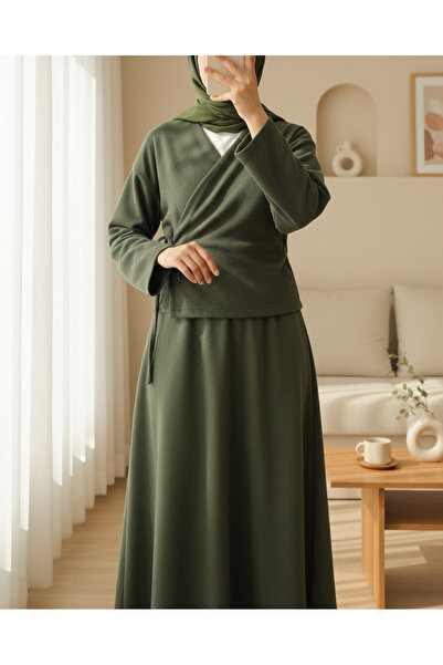 Modamorfo Front tie skirted stamp kimono set - khaki