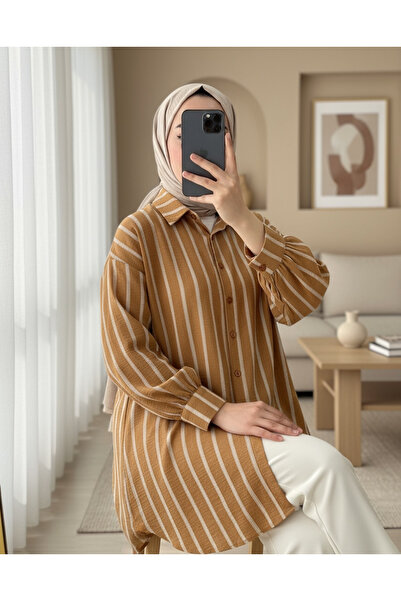 Modamorfo Boydan Düğmeli Arkası Uzun Çizgili Gömlek -Tarçın