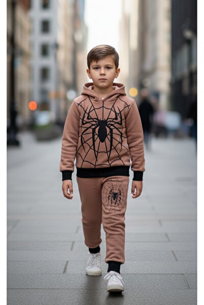 MİNİK MODA EVİ Boy's Spider Printed Tracksuit Set – Hooded Sweat & Jogger Bottom – 2-Piece Set