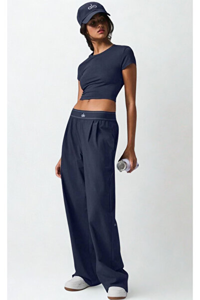 HepsitrentStore Navy Blue Basic Regular Elastic Waist Casual Fabric Trousers