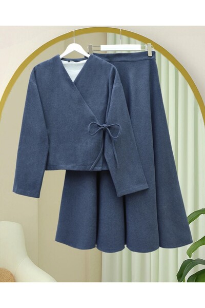 Modamorfo Cashmere Kimono Set with Tie-Front Skirt - Indigo