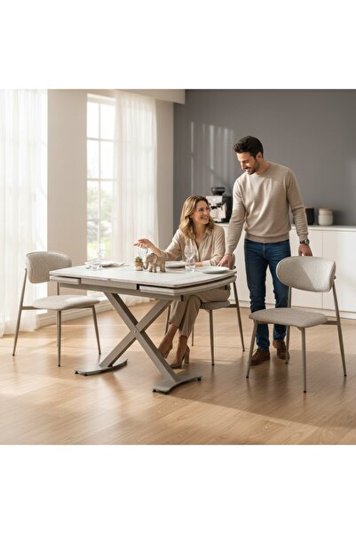 DENGEMA Diamond Açılır Masa Takımı – Traverten Desen Kapuçino Metal Ayak, 4 S...