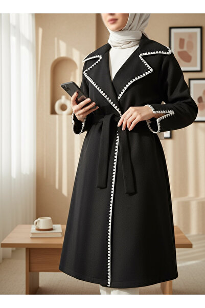 Modamorfo Shepherd's Stitch Waist-Tied Cashmere Coat - Black