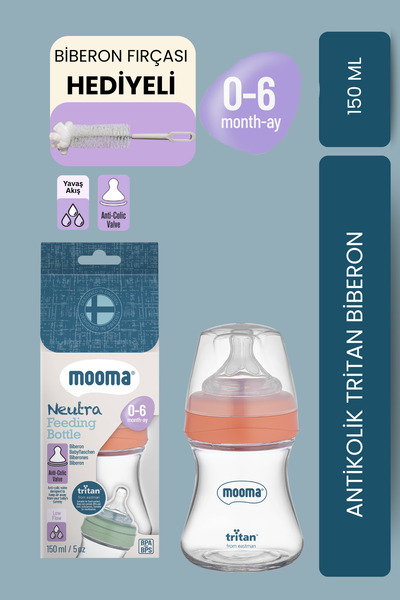 MOOMA Neutra Antikolik Tritan Biberon 150 ml 0-6 Ay (Yavaş Akış) - Mercan
