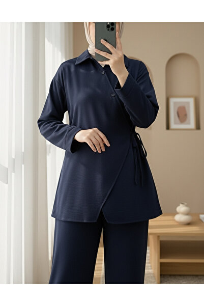 Modamorfo Cross Buttoned Side Tie Wool Effect Suit - Navy