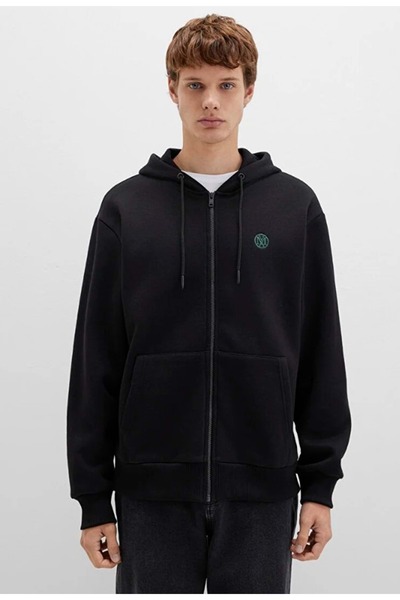 Mavi 066979 Seal Logo Embroidered Jacket Hooded Zipper Men's Sweatshirt Black