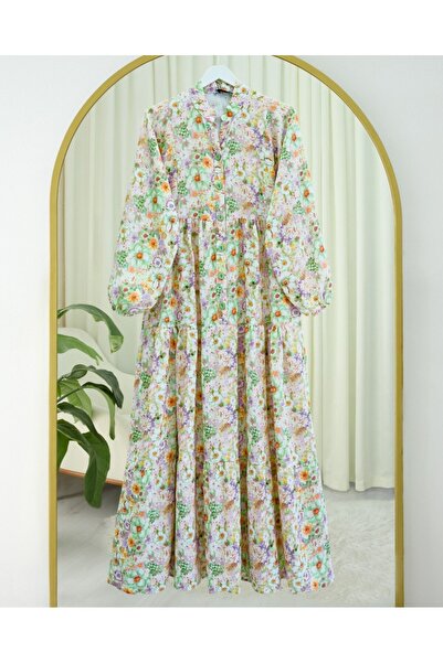 Modamorfo Φόρεμα με λουλουδάτο σχέδιο με μισό κουμπί - Ανοιχτό κίτρινο