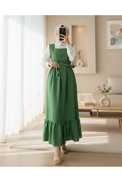 Modamorfo Φόρεμα Gilet με κουμπιά στο επάνω μέρος, βολάν στο κάτω μέρος και ζώνη στη μέση - Πράσινο