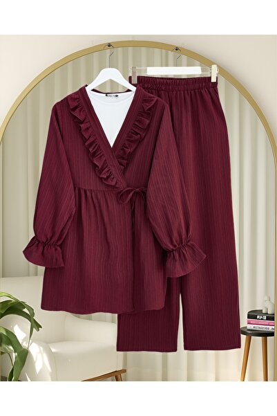 Modamorfo Lace-Up Crinkle Kimono Suit with Elastic Sleeves and Ruffles on the Front - Burgundy