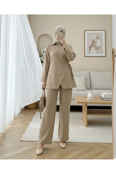 Modamorfo Cross Buttoned Side Tie Wool Effect Suit - Mink