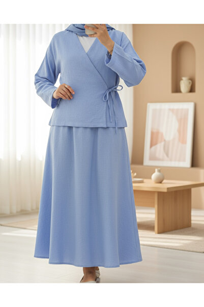 Modamorfo Yandan Bağlamalı Etekli Keten Takım -Bebe Mavi