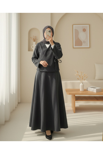 Modamorfo Front tie-up skirted stamp kimono set - anthracite