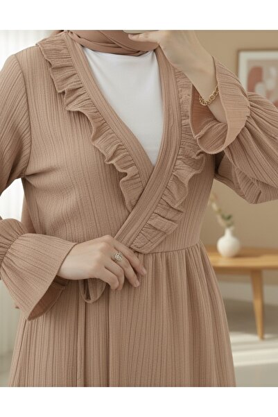 Modamorfo Elastic Sleeve, Ruffled Front, Lace-Up Crinkle Kimono Set - Salmon