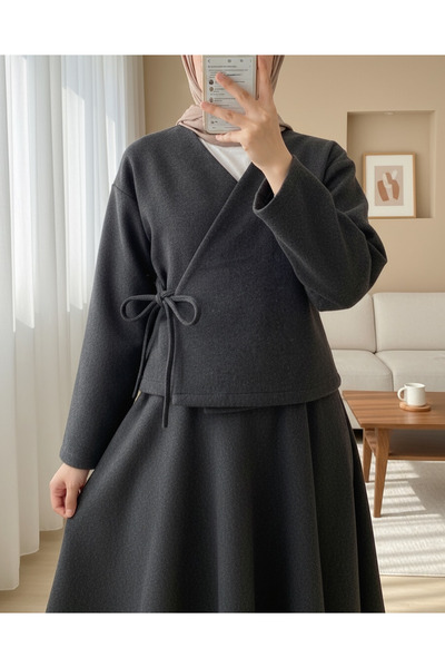 Modamorfo Front tie-up skirted stamp kimono set - anthracite