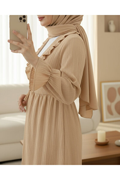 Modamorfo Lace-Up Crinkle Kimono Set with Elasticized Sleeves and Ruffles on the Front - Mink