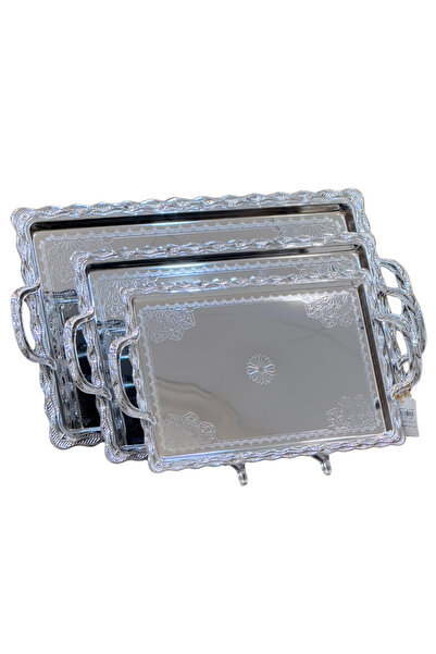 ALQANNAS طقم صواني تقديم من 3 قطع | مقاسات واسعة | تصميم عصري | فضي