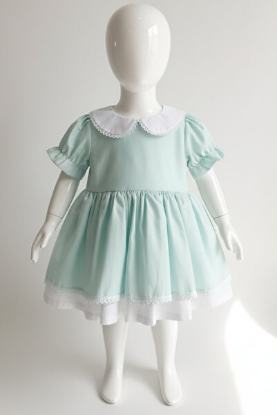 Bertuğ Bebek فستان أطفال بناتي بياقة من قماش البوبلين باللون الأخضر المائي