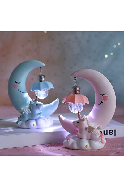 keyfim shop Dekoratif Ay Dede Ve Minik Unicorn Temalı Masa Lambası Ve Biblo -Mavi Renk
